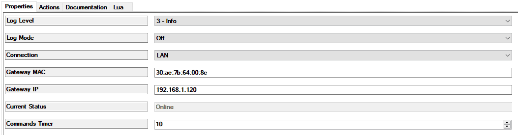 Control4 Lighting Devices Drivers Gateway Properties